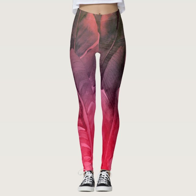 Legging Folhas de Palmeira Tropicais Rosa Divertido Verão  (Frente)