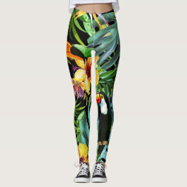 Legging Folhas de palmeira tropicais Toucan floral das