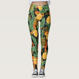 Legging Folhas de pinheiro, estrelas: padrão festivo