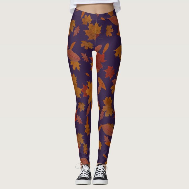 Legging Folhas de queda do outono no índigo escuro feito (Frente)