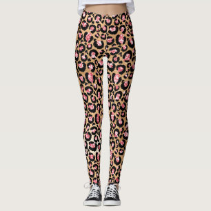 Legging Folhas de rosa claro e Douradas manchas-leopardo-b