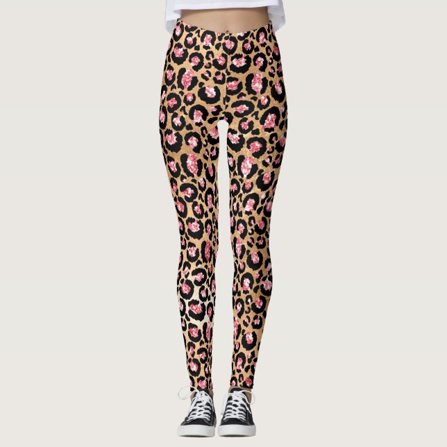 Legging Folhas de rosa claro e Douradas manchas-leopardo-b (Frente)