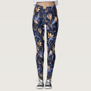 Legging Folhas de salsa Abstrato azuis e Douradas