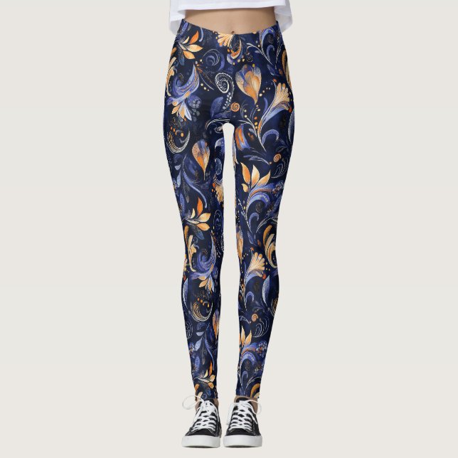 Legging Folhas de salsa Abstrato azuis e Douradas (Frente)