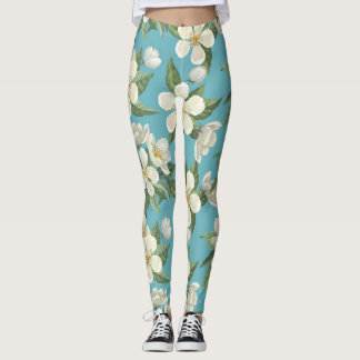 Legging Folhas de Verde Flores de Água Brancas