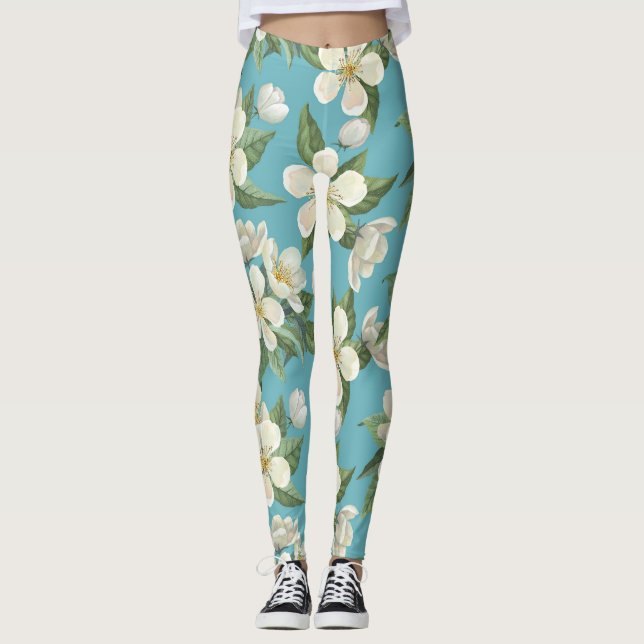 Legging Folhas de Verde Flores de Água Brancas (Frente)
