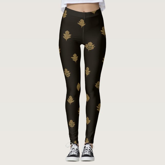 Legging Folhas Douradas Silenciadas Pretas  (Frente)