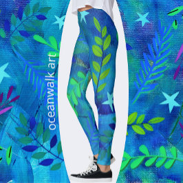 Legging Folhas e Ramificações bonito em Azul
