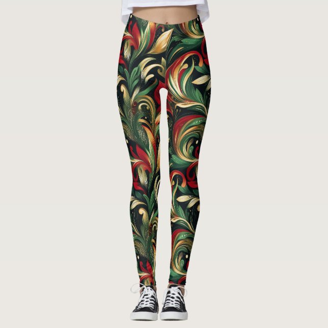 Legging Folhas Elegante Vermelhas, Verdes e Douradas de Fo (Frente)