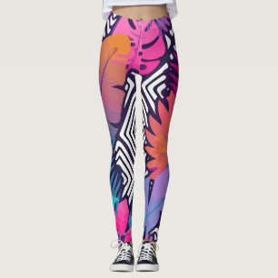 Legging Folhas Exóticas De Flores Geométricas