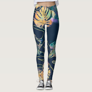 Legging Folhas exóticas pintadas à mão: padrão sem costura