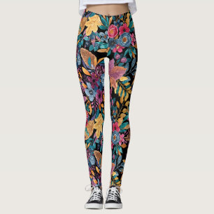 Legging Folhas Florais Mistas Folhosas Berry Padrão de Aqu