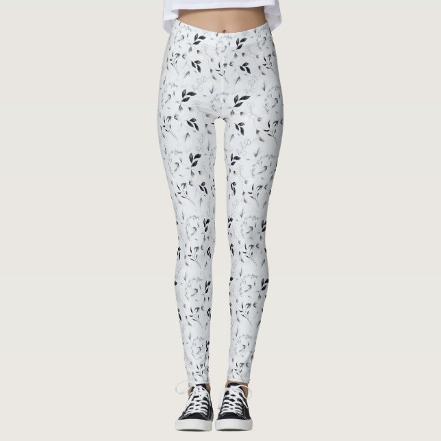 Legging Folhas Flores de Cinza Branca Negra (Frente)