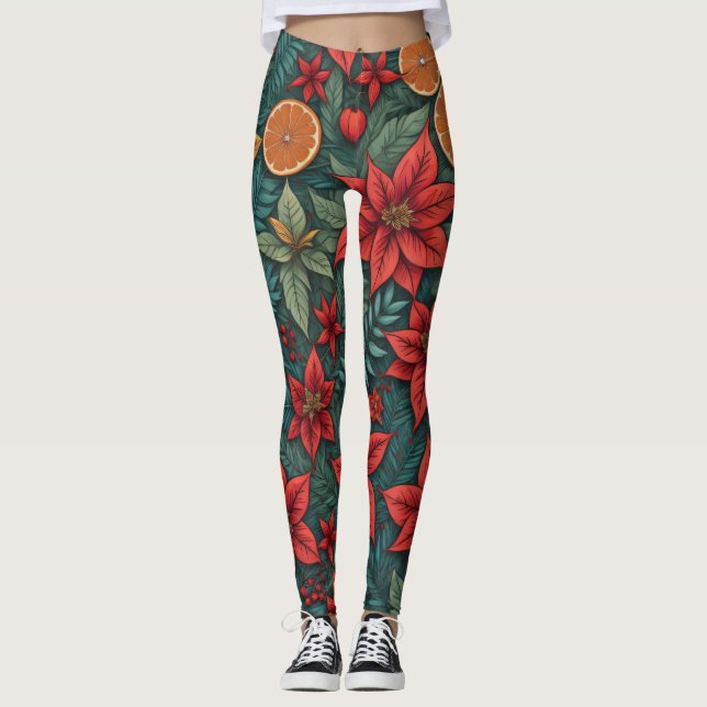 Legging Folhas Modernas de Poinsettia de Natal (Frente)