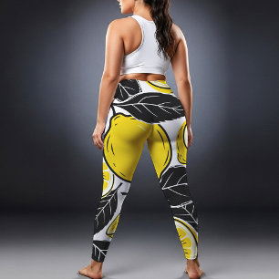 Legging Folhas Pretas e Limão Moderno e Ousado Padrão Sem