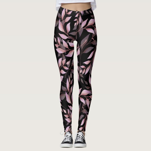 Legging Folhas rosa de Pastel em preto (Frente)