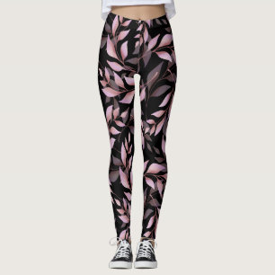 Legging Folhas Rosa Pastel em Preto 