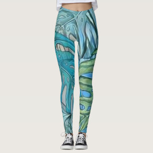 Legging Folhas tropicais azuis coloridas, cor d'água