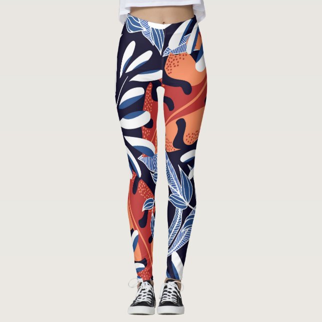 Legging Folhas tropicais coloridas com fundo azul (Frente)