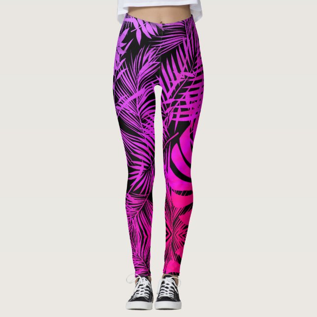Legging Folhas tropicais cor-de-rosa-púrpura (Frente)