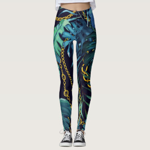 Legging Folhas tropicais, correntes douradas, sem costura.