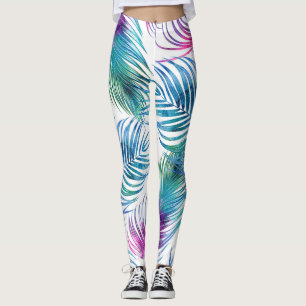 Legging Folhas tropicais de palma, padrão floral de aquare