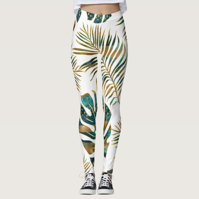Legging Folhas tropicais de téal e de ouro padronizadas (Frente)