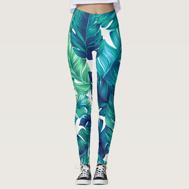 Legging Folhas tropicais, design gráfico, palmas realistas (Frente)