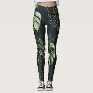 Legging Folhas Tropicais Douradas: Cor de Água Escura