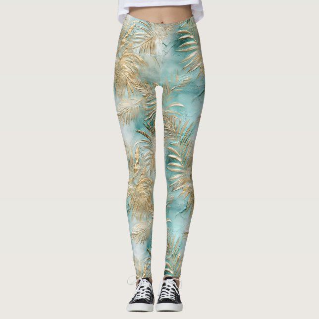 Legging Folhas Tropicais Douradas de Aqua White