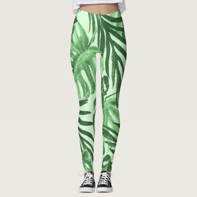 Legging Folhas tropicais e flores, padrão de aquarela. (Frente)