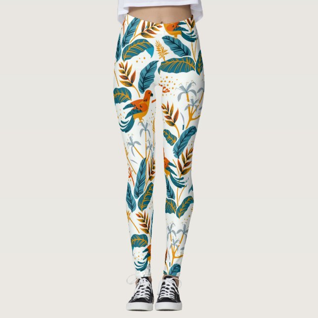 Legging Folhas tropicais e padrões de aves (Frente)