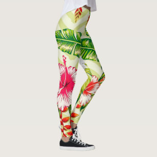 Legging Folhas Tropicais Elegantes e Flores de Hibisco  