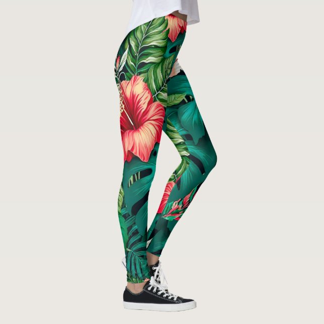 Legging Folhas Tropicais Elegantes e Flores de Hibisco | (Direita)