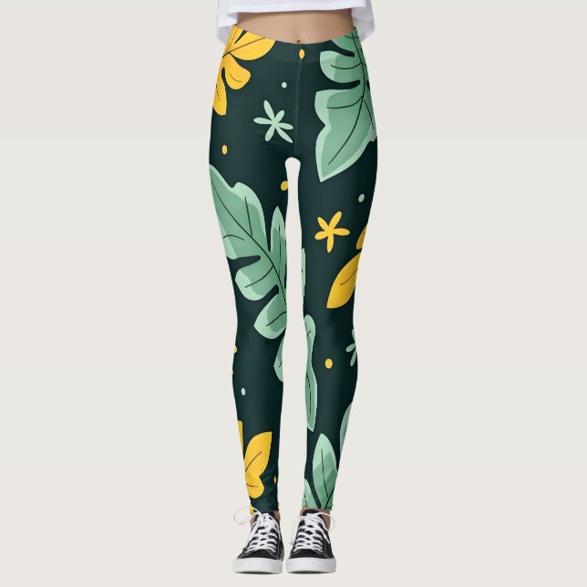 Legging Folhas tropicais em verde-vibrante e amarelo (Frente)