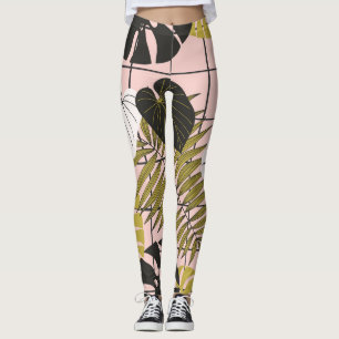 Legging Folhas tropicais, flores, padrão pintado à mão.