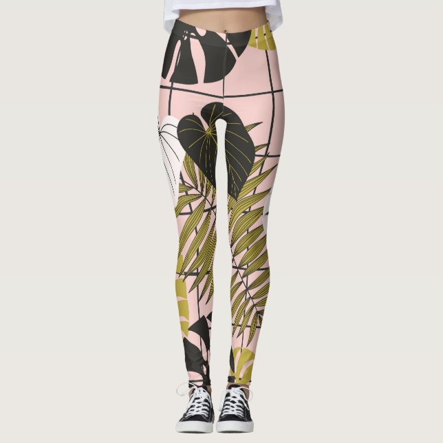 Legging Folhas tropicais, flores, padrão pintado à mão. (Frente)