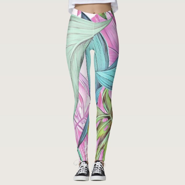 Legging Folhas tropicais grandes coloridas (Frente)