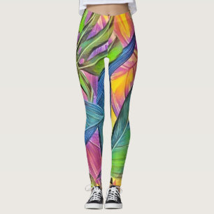 Legging Folhas tropicais grandes coloridas pintura aquosa