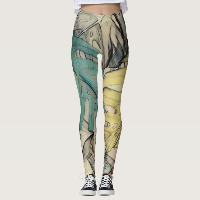 Legging Folhas tropicais grandes coloridas pintura aquosa (Frente)