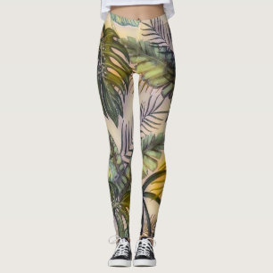 Legging Folhas tropicais grandes coloridas pintura aquosa