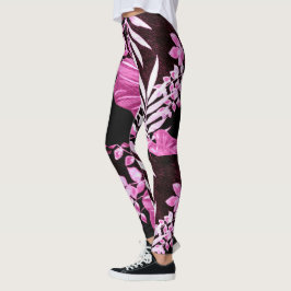 Legging Folhas Tropicais Palm Frontes Rosa Borgonha Branca