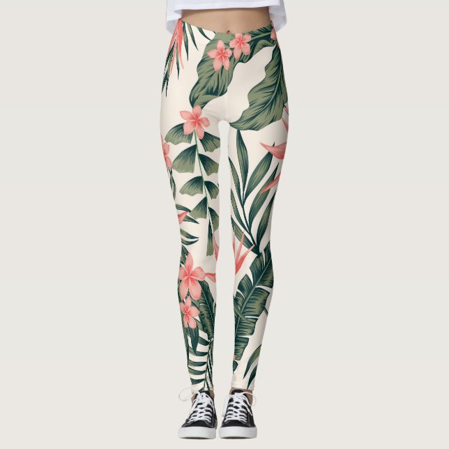 Legging Folhas tropicais, papel de parede de praia alegre. (Frente)