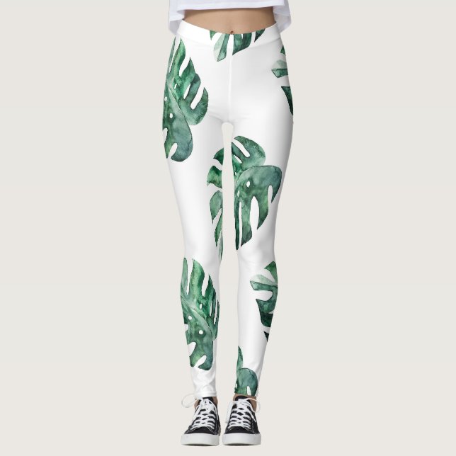 Legging Folhas tropicais verdes, padrão de aquarela (Frente)