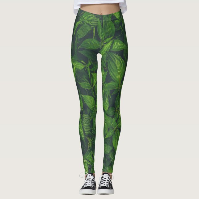 Legging Folhas Verde-Profundas  (Frente)