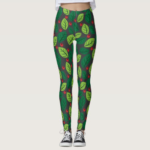 Legging Folhas Verdes, Berries Vermelhos, Padrão De Folhas