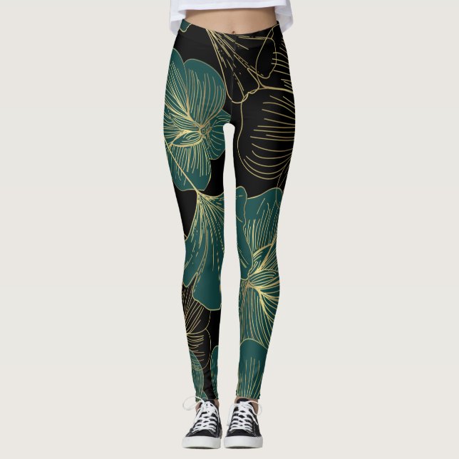 Legging Folhas verdes Douradas (Frente)