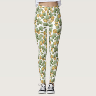 Legging Folhas verdes e douradas. Estampa