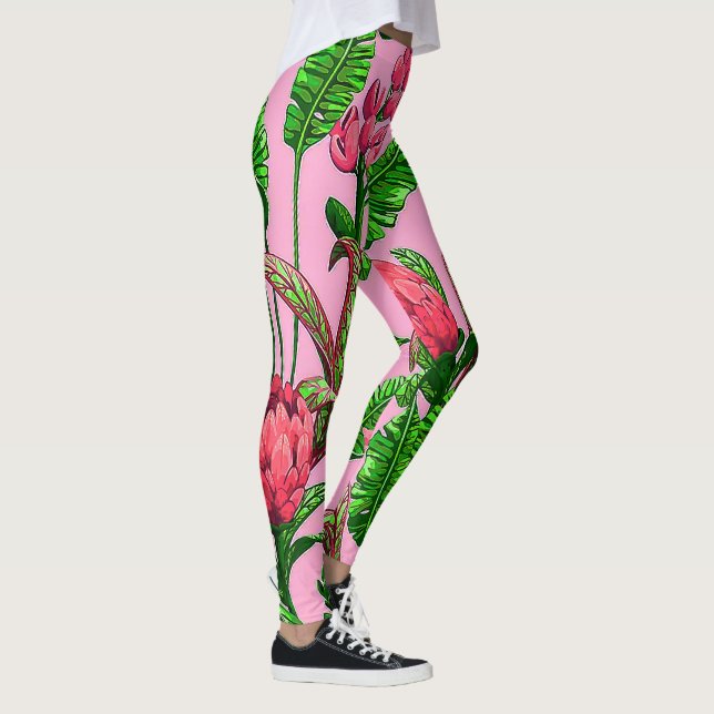 Legging Folhas Verdes Tropicais Lindas com Flores Vermelha (Direita)