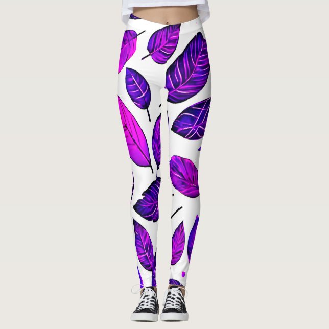 Legging Folhas Vívidas Cartoons: Roxo Rosa e Azul (Frente)